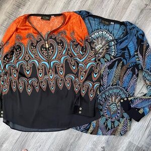 Bob Mackie Wearable Art Women Orange Paisley Zipper Front Blouse Top Size L